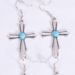 Cross Earrings, Silver BLUE Semiprecious Stone Cross Earrings H 1.5" X W 1 "NEW